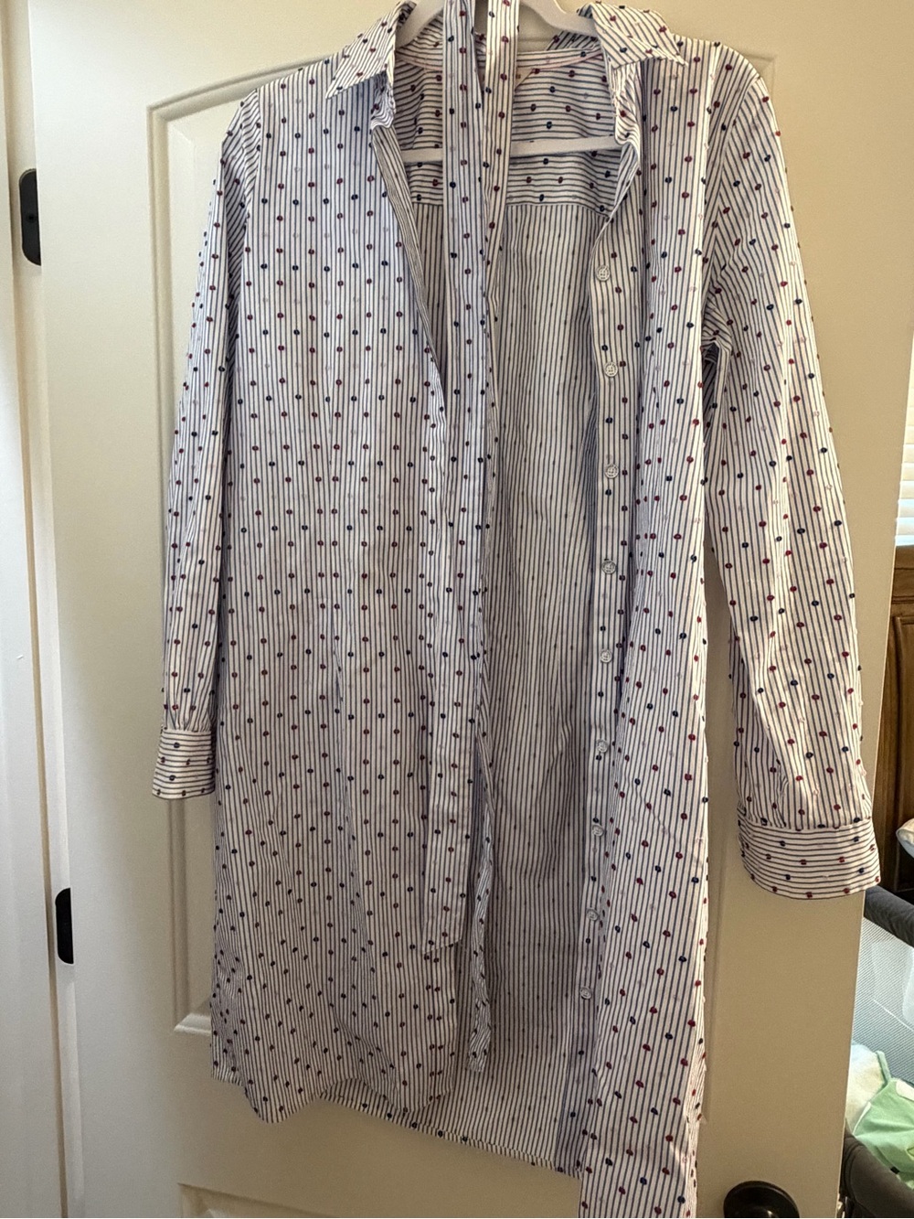 Brooks Brothers White and Navy Striped Shirt Dress with Red Dot Accents